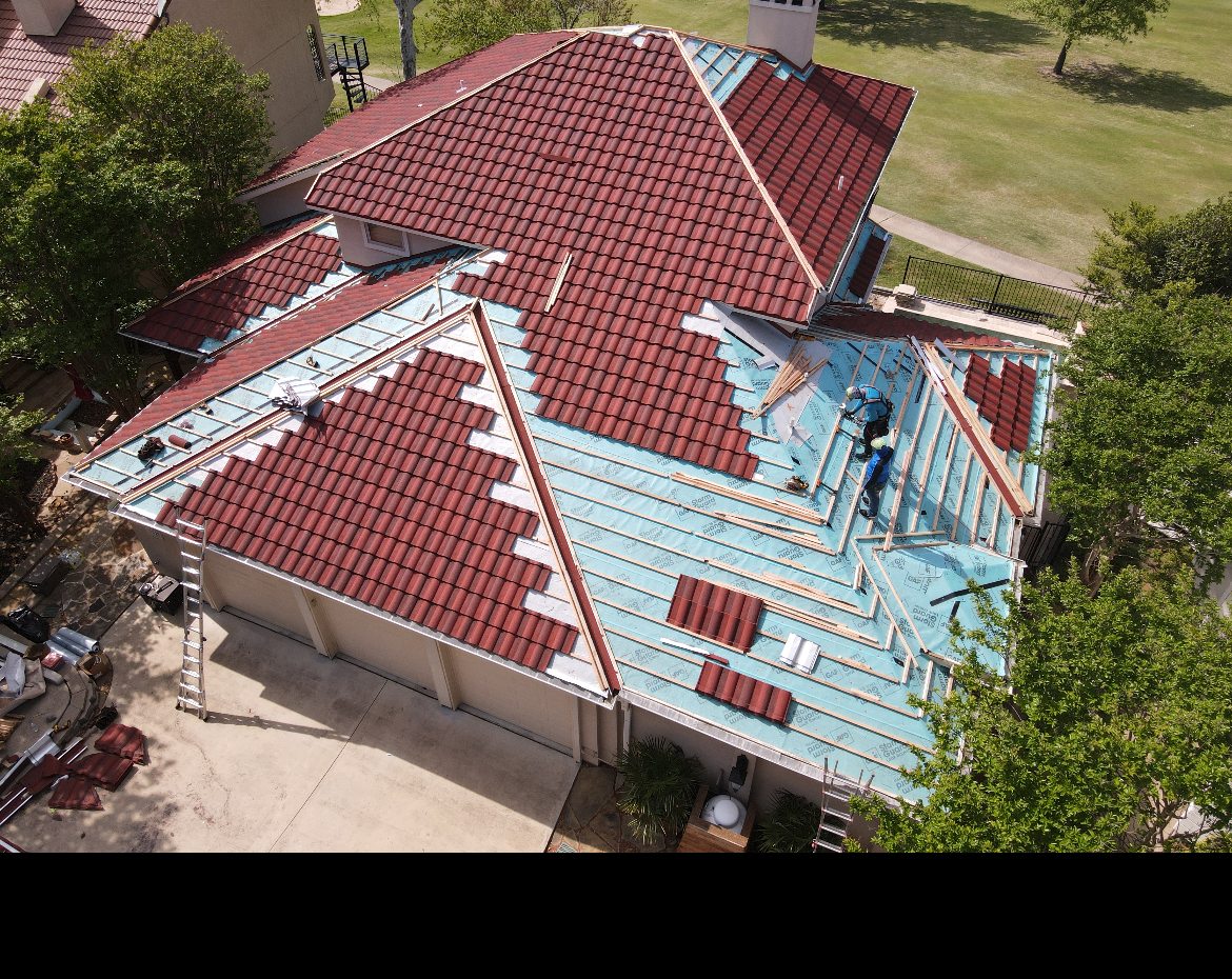 Aerial view of outdoor roofing work